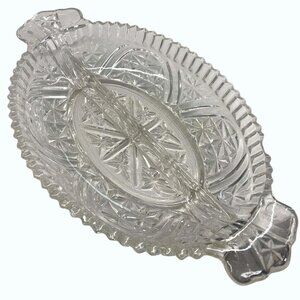 Vintage Clear Pressed Glass Divided Relish Dish With Scalloped Edges & Starburst